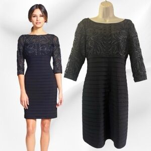 Adrianna Papell Shutter Pleat Sheath Dress Ribbon Lace Top Size 8